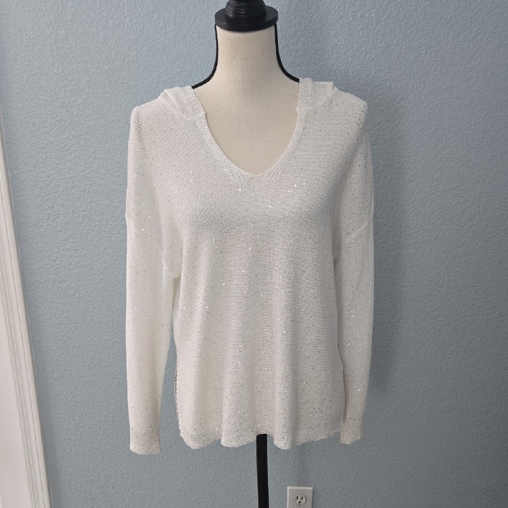 SIONI White Sequined Long Sleeve Hooded Sweater V Neck Sz Large